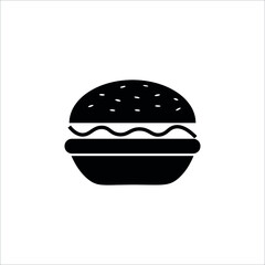 burger icon vector illustration. Black silhouette beef burger and sesame bun. Fast food icon symbol.