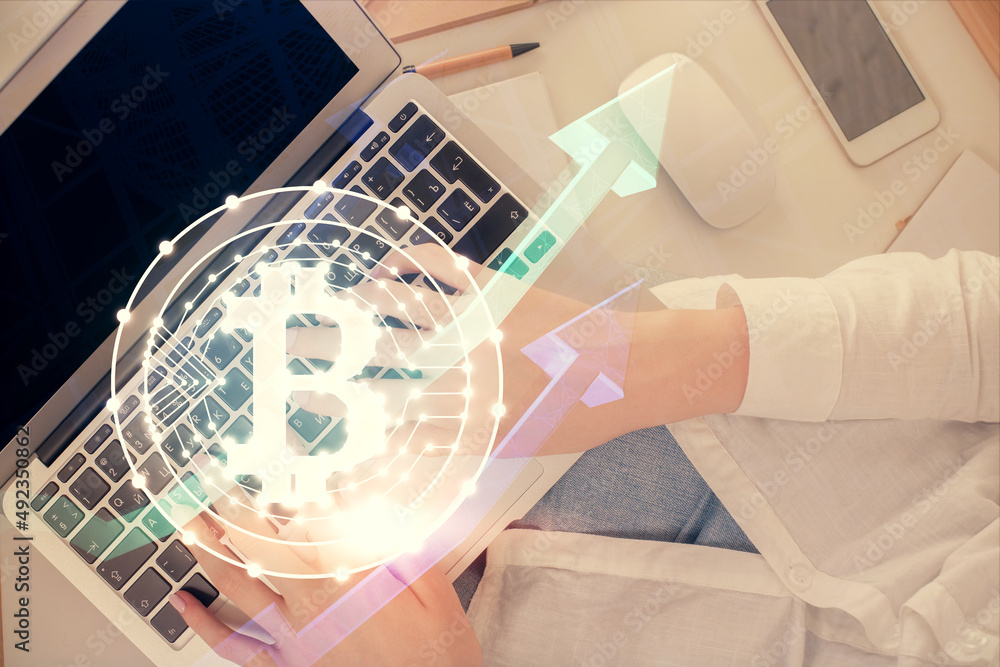 Aufkleber double exposure of woman hands working on computer and blockchain theme hologram drawing. top view. 