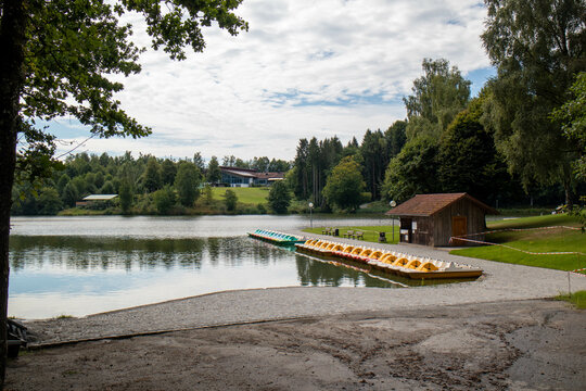 Small lake with pedal boats in the forest with Eging am See, Bavarian Forest, Germany,Europe