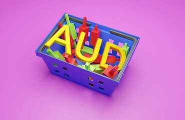 Australian dollar, AUD sign and Japanese candlesticks in a blue grocery basket on a pink background, the concept of buying Australian currency on the forex market, a protective asset, 3d rendering