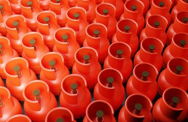 A lot of red gas cylinders with natural gas, top and side view, 3d rendering