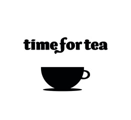 Time for tea icon vector illustration poster. Black logo on white background. Tea cup symbol