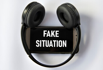Obraz na płótnie Canvas FAKE SITUATION - words on a smartphone with headphones