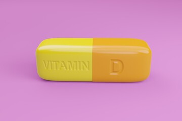 Vitamin D pill, orange and yellow dragee with a concave inscription on an purple background, 3d rendering