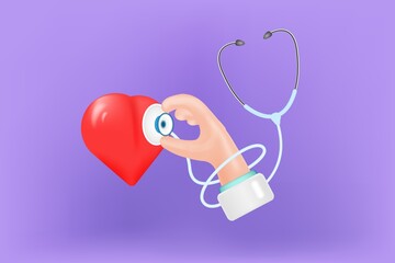 A hand with a stethoscope listens to a 3d heart.