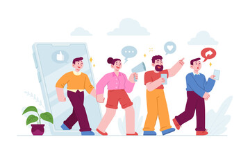 Refer a friend template concept vector Illustration idea for landing page template, suggestion marketing attraction method, friendship promotion sharing product offer discount.  Hand drawn Flat 