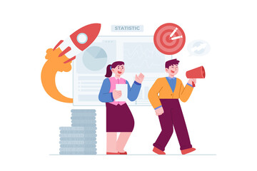 Marketing Strategy concept vector Illustration idea for landing page template, affiliate, business online commercial and advertisement strategy type,consumer audience promotion.  Hand drawn Flat Style