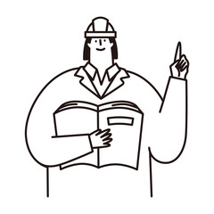 A woman wearing a helmet who talks about the point. She has a book.