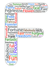 word cloud of Letter F. Positive words.