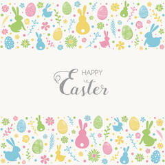 Happy Easter. Colourful eggs, bunnies and flowers on white background. Vector