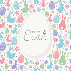 Easter composition with colourful bunnies, eggs and flowers. Greeting card. Vector