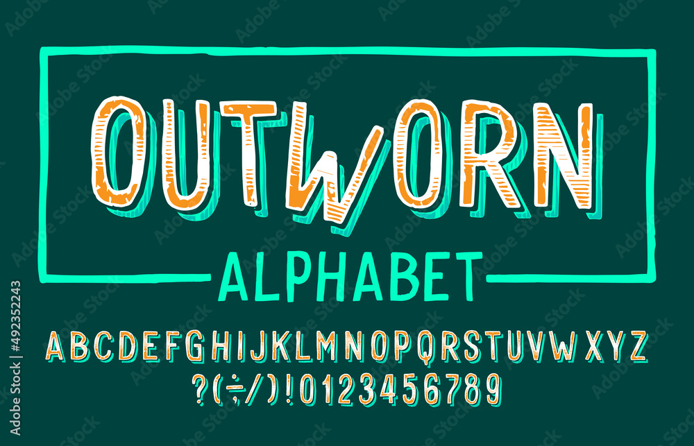 Fototapete outworn alphabet font. hand drawn rough letters and numbers. stock vector typescript for your typogr