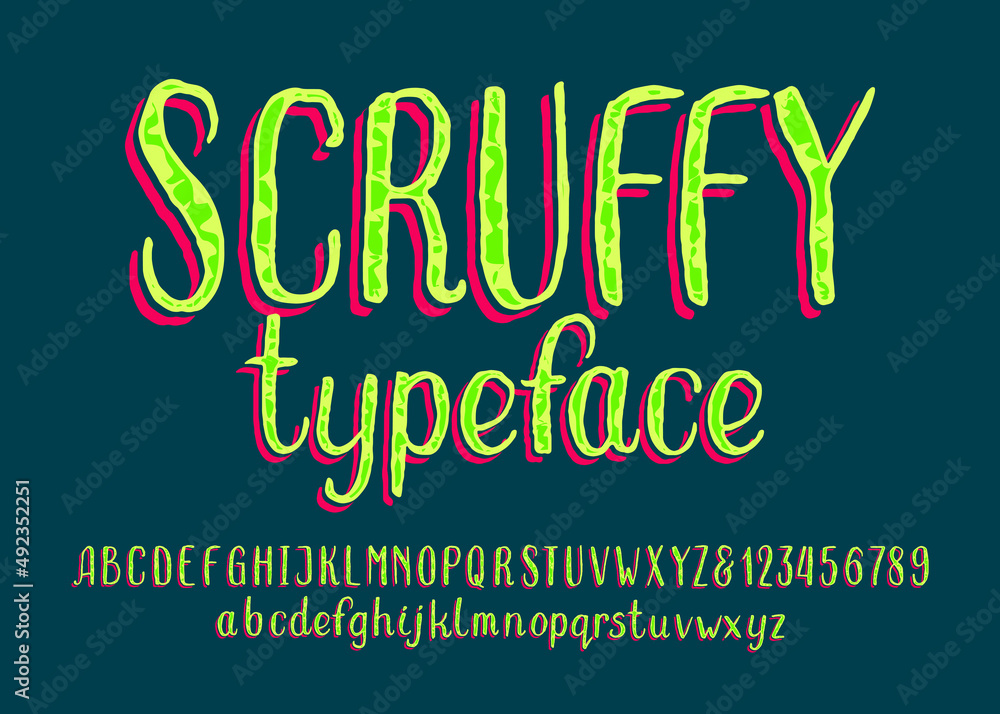 Fototapete scruffy alphabet font. hand drawn messy letters and numbers. uppercase and lowercase. stock vector t