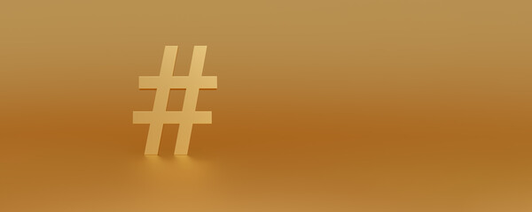 Panoramic golden studio background with gold Hashtag symbol. Trending topics, trends, digital marketing.