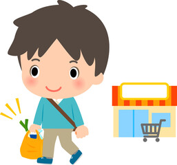 スーパーマーケットで買い物して帰る男性