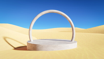 Obraz na płótnie Canvas Stone cylinder podium with stone round frame on a desert landscape.Product display plateform template.3D render illustration