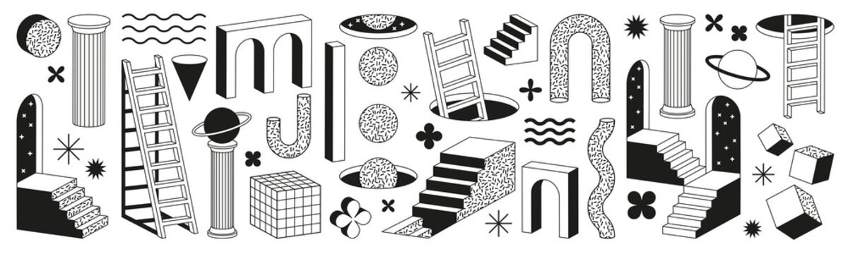Surreal geometric shapes. Abstract vector elements and signs in trendy minimal outline style. Arch, stairs, column etc.