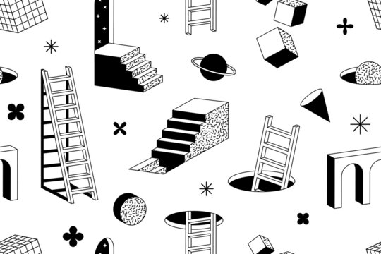 Surreal Geometric Shapes. Abstract Vector Elements And Signs In Trendy Minimal Outline Style. Arch, Stairs, Column Etc.