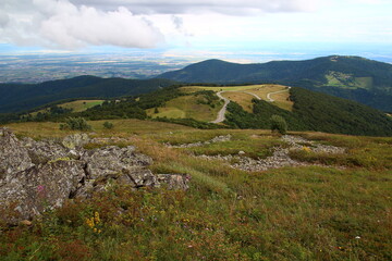 Fototapeta na wymiar With the plain of Alsace in the background, the road leading to the Grand Ballon radar winds through the vegetation (Vosges massif, Haut Rhin, France)