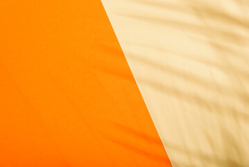 Orange and beige summer color background with tropical palm shadow. Two trend pastel paper and...