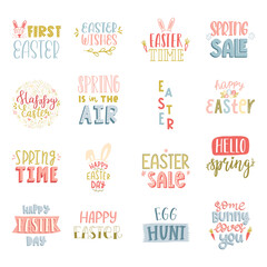 A set of handwritten phrases and quotes on the theme of Easter, Spring. Hand lettering for the design of greeting cards, social media, gift tags. Pastel colored vector illustration isolated on white.