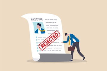 Job application rejected, disqualified or resume declined, HR human resource or hiring manager refuse, interview failure concept, sad businessman stand with his rejected resume application document. - obrazy, fototapety, plakaty