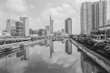 Black and white landscape photo film: street life in Ho Chi Minh city. Time: February 22, 2022. Location: Ho Chi Minh city