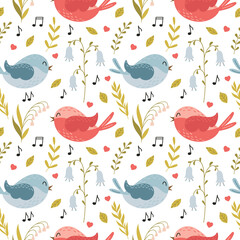 Seamless pattern with cute cartoon flying singing birds and spring flowers, lily of the valley, bluebell, herbs and twigs. For baby textiles. Color vector illustration on a white background.