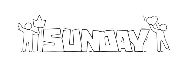Cartoon little people with big word Sunday.