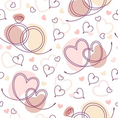Seamless doodle pattern with linear romantic symbols and abstract shapes of pastel colors. Decoration for Wedding, Valentine day, Engagement events.