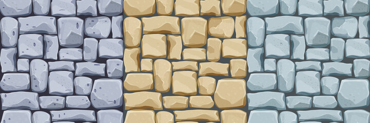 Set stone wall from bricks, rock, game background in cartoon style, seamless textured surface. Collection Ui game asset, road or floor material © Alyona