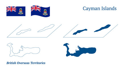 Cayman Islands map. British overseas territory in the western Caribbean Sea. Detailed blue outline and silhouette. Country flag. Set of vector maps. All isolated on white background. 