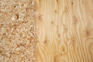 Wooden background with sawdust top view with place for text or inscription. Wood dust texture. Sawdust pattern closeup background pattern.