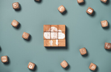Cloud computing and technology icons print on wooden cube bock , cloud technology is centralise collect lifestyle and confidential information such as internet banking , password and shopping.