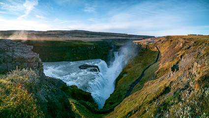 Top view of magestic gullfoss waterfall wide panorama