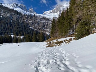 Wonderful winter hiking trails and traces on the slopes of the Alpstein mountain range and in the fresh alpine snow cover of the Swiss Alps - Unterwasser, Switzerland (Schweiz)