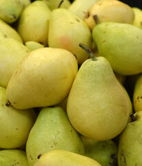 greengrocer, ripe pear,pear fruit ready for sale,light yellow pears in supermarket greengrocer aisle,