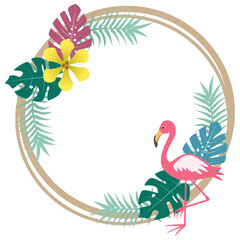 Naklejka premium Tropical frame leaf with flamingo vector.