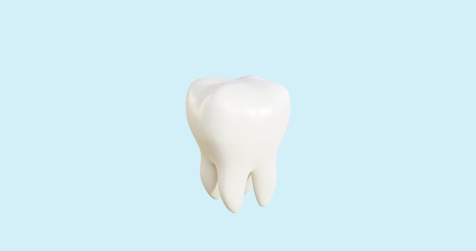 3d animation render the destruction of the tooth into fragments, grinding, core, root, preparation of the crown, fillings installation. A golden crown with red stones falls, is put on a white, healthy