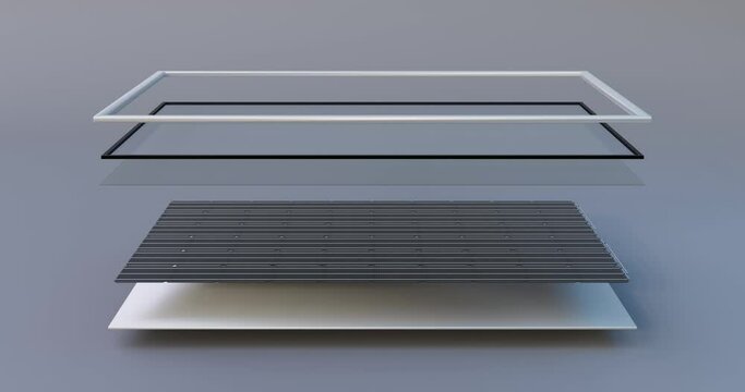 3d animation of the composition of the solar battery side view Frame, protective glass, film, silicon elements, contacts.  Green energy, eco-friendly house, energy from solar panels, systems