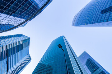 Fototapeta na wymiar View of skyscrapers from ground. Blue tones.