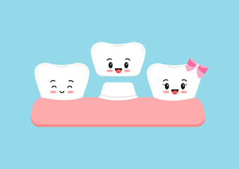 Cute tooth with crown in gum dental vector emoji character isolated. Kids teeth aestetic prosthesis treatment icon. Flat design kawaii cartoon style vector dental health clip art illustration.