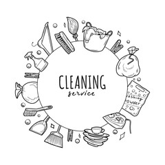 Hand drawn set of cleaning equipments, sponge, spray, broom, bucket in a circle. Doodle sketch style. Clean Tools Banner Hand drawn Line art style. Illustration for label, decal, sticker, business