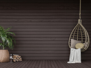 Black plank wall terrace 3d render,Decorate with rattan swing chair