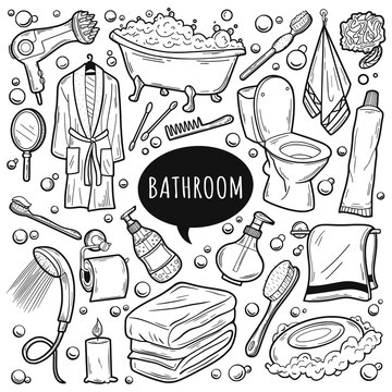 Hand drawn doodle Bathroom icons set. Vector illustration home bath symbols collection. Line art elements on white background. Doodle sketch toilet, shower, bathtub, lavatory, towel, robe
