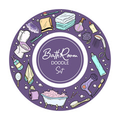 Hand drawn color doodle Bathroom icons set. Vector illustration home bath symbols collection. Doodle sketch toilet, shower, bathtub, lavatory, towel, robe. Illustration for label, decal, sticker
