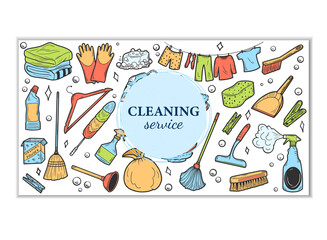 Hand drawn design visiting card for cleaning service. Clean Tools Banner Hand drawn Doodle style. Illustration for visiting, business card template, banner.