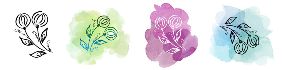 Set flower and leave on watercolor blot. Provence illustration. Dandelion flower. Set on white background