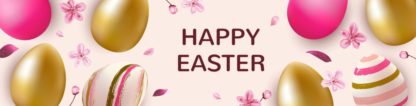 Banner with pink and golden Easter eggs