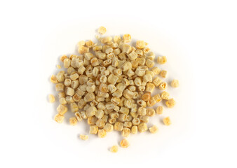 Freeze Dried Sweet Corn in Pile or Heap in Top Down or Flat Lay Shot Isolated on White